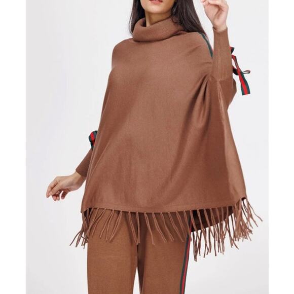 Magaschoni Sweater women's XL Brown Wool Blend Turtleneck Pullover Poncho Fringe - Picture 1 of 10